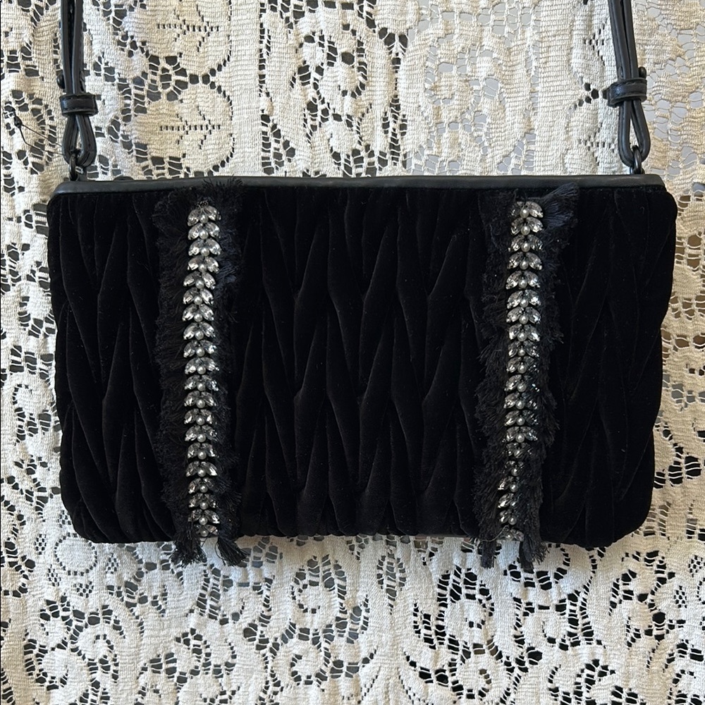 Sam Edelman Elizabella Rhinestone and Faux Pearl Pleated Velvet Crossbody